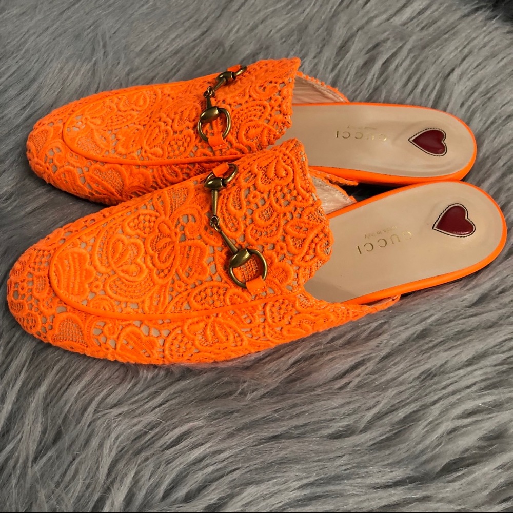 Gucci Orange Lace Horsebit Mules - Picture 6 of 8